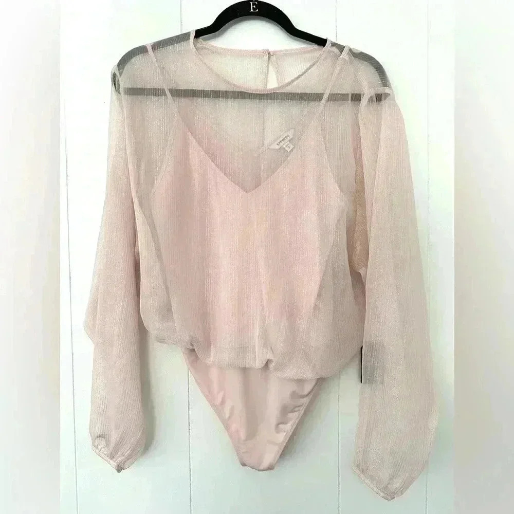 Express Light Pink Metallic Chiffon Overlay Bodysuit Size S